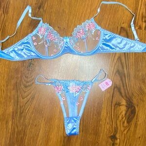 🎀🌷 Ethereal Blue & Pink Sheer Satin Floral Embroidery Sexy 2 Pc Lingerie Set 🌷🎀